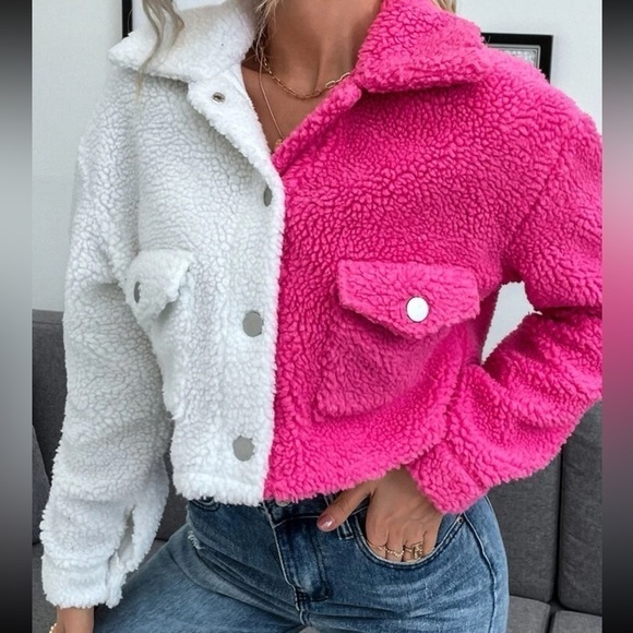 unbranded Jackets & Blazers - Women EZwear Two Tone Flap Pocket Teddy Jacket